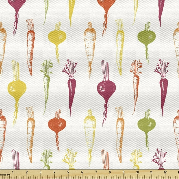 Food Fabric by the Yard, Radish Vegetables Kitchen Theme Apiaceae Vegan Print, Upholstery Fabric for Dining Chairs Home Decor Accents, Multicolor by Ambesonne