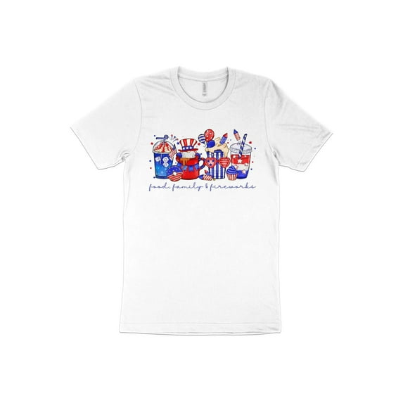 Food, Family & Fireworks T-Shirt, July 4th Funny Graphic Tee USA Independence Day