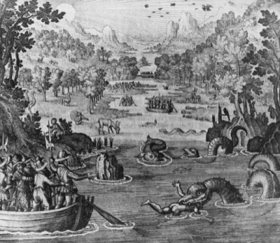 Food For Fear From Sea Serpents to Hell Bombs Sir Walter Raleighs Expedition to Guyana in 1595 Theodor de Bry (1528-1598 Netherlandish) Canvas Art - Theodor de Bry (24 x 36)