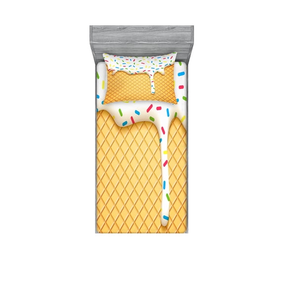 Food Fitted Sheet & Pillow Sham Set, Cartoon Like Image of and Melting Ice Cream Cones Colored Sprinkles Print, Decorative Printed 4 Piece Bedding Decor Set, Twinxl, Multicolor, by Ambesonne