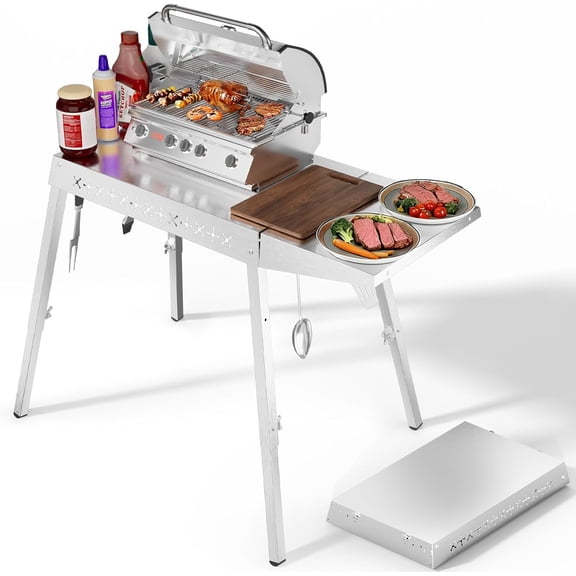 Food Grade 304 Stainless Steel BBQ Grill Table fits 20'' Tabletop Griddle, Outdoor Grill Table with 4 Foldable Legs, Portable Grill Stand for RV, Camping, Tailgating