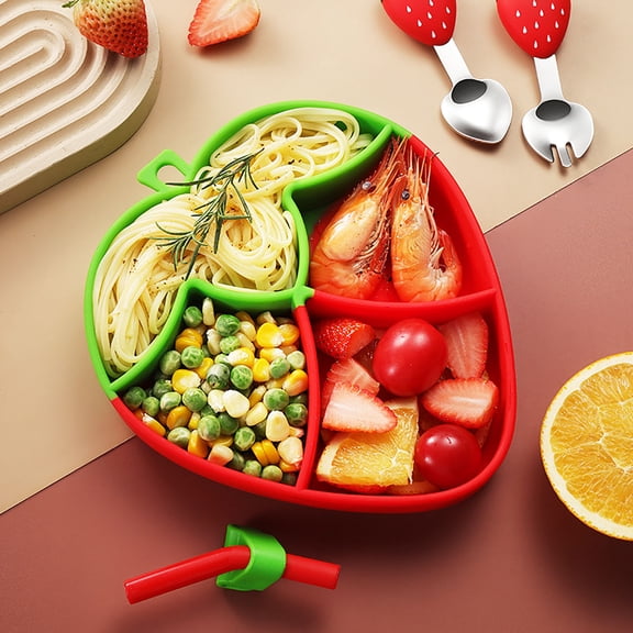 Food Grade Baby Suction Plate with Spoon Fork Straw Silicone Tray Training Tableware Non-Slip Divided Feeding Dish for Toddlers Kids Self-Feeding Independent Eating Gift