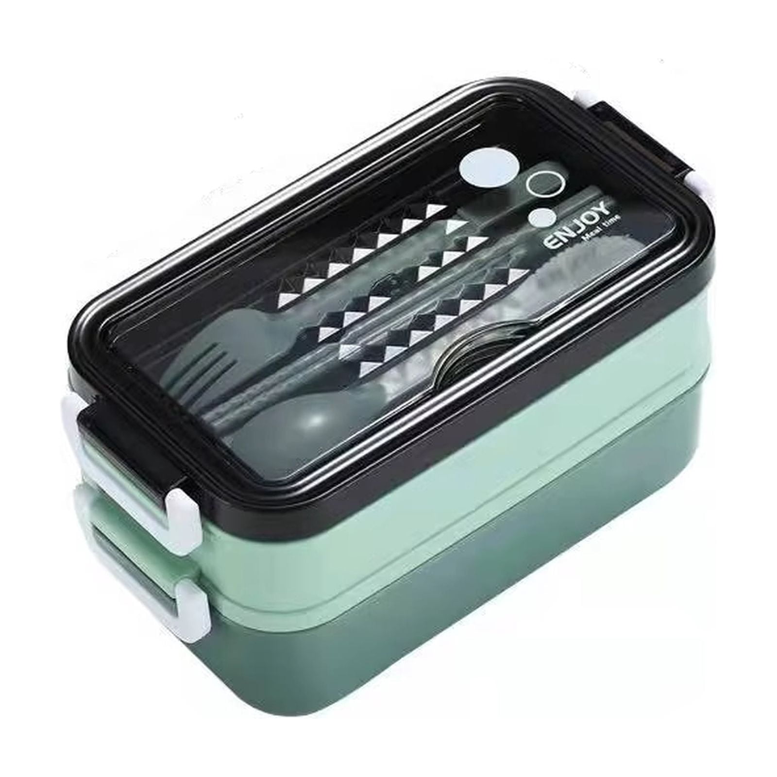 Food Grade Bento Box with Utensils - Double Layer Plastic Lunch Container Microwave Safe, Portable for Office Car Travel - Green