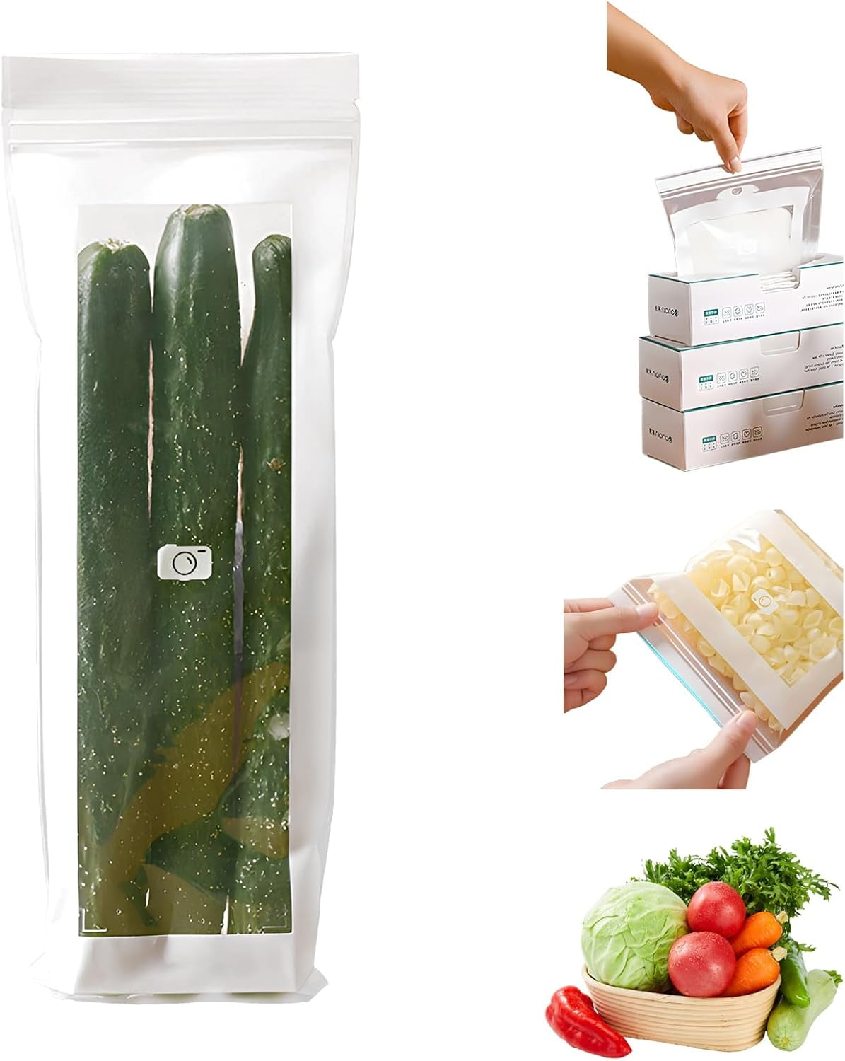 Food Grade Fresh-Keeping Bags, Reusable Plastic Produce with Dual Interlocking Seal, Clear Long Sealed Bags for Vegetables Fruits Refrigerator Freezer Kitchen Organization.