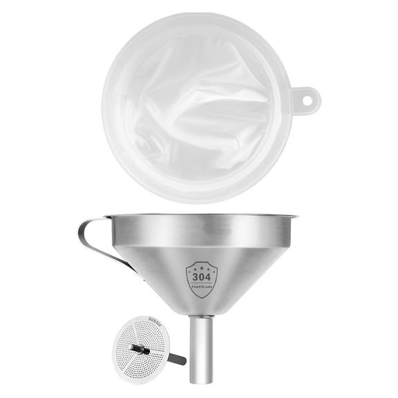 Food Grade Funnel with Strainer, Stainless Steel Kitchen Funnel with 200 Mesh Food Filter Strainer for Transferring of Liquid Dry Ingredients and Metal Cooking Funnel, 1 Set