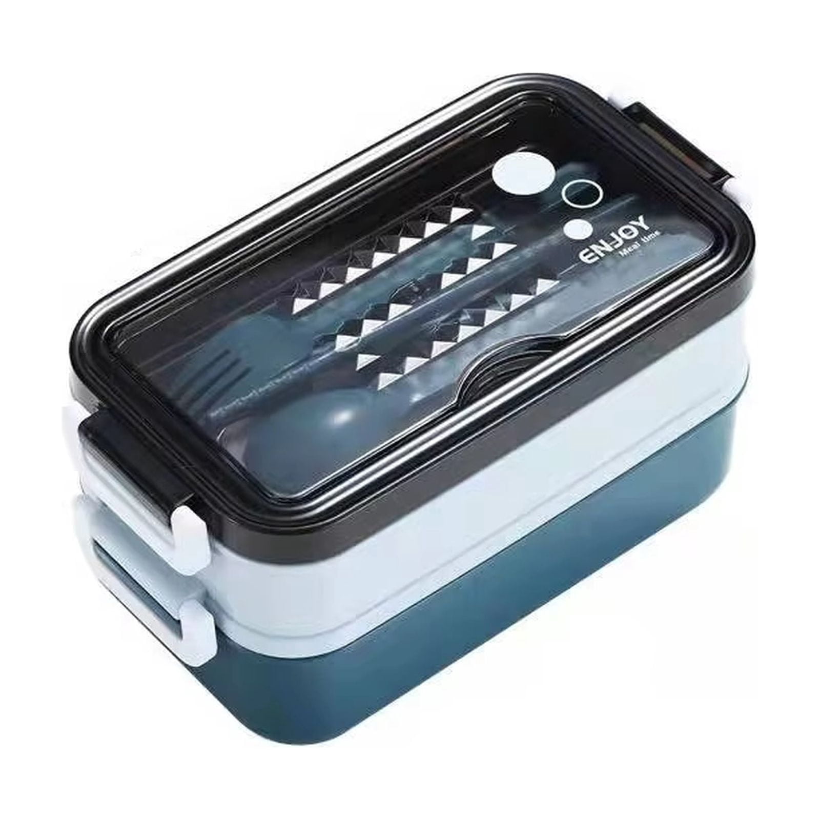 Food Grade Plastic Bento Box with Utensils - Microwave Safe Double Layer Lunch Container for Office, Car, Travel - Blue