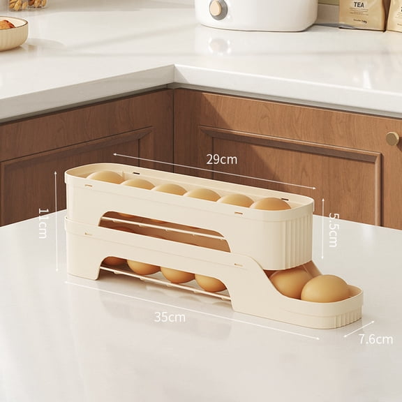 Food Grade Refrigerator Egg Holder Rack - Large Capacity Sliding Egg Tray with Auto Roll Design for Fridge Side Door Stackable Egg Storage Container for Kitchen Organization, 35x11 cm, Beige