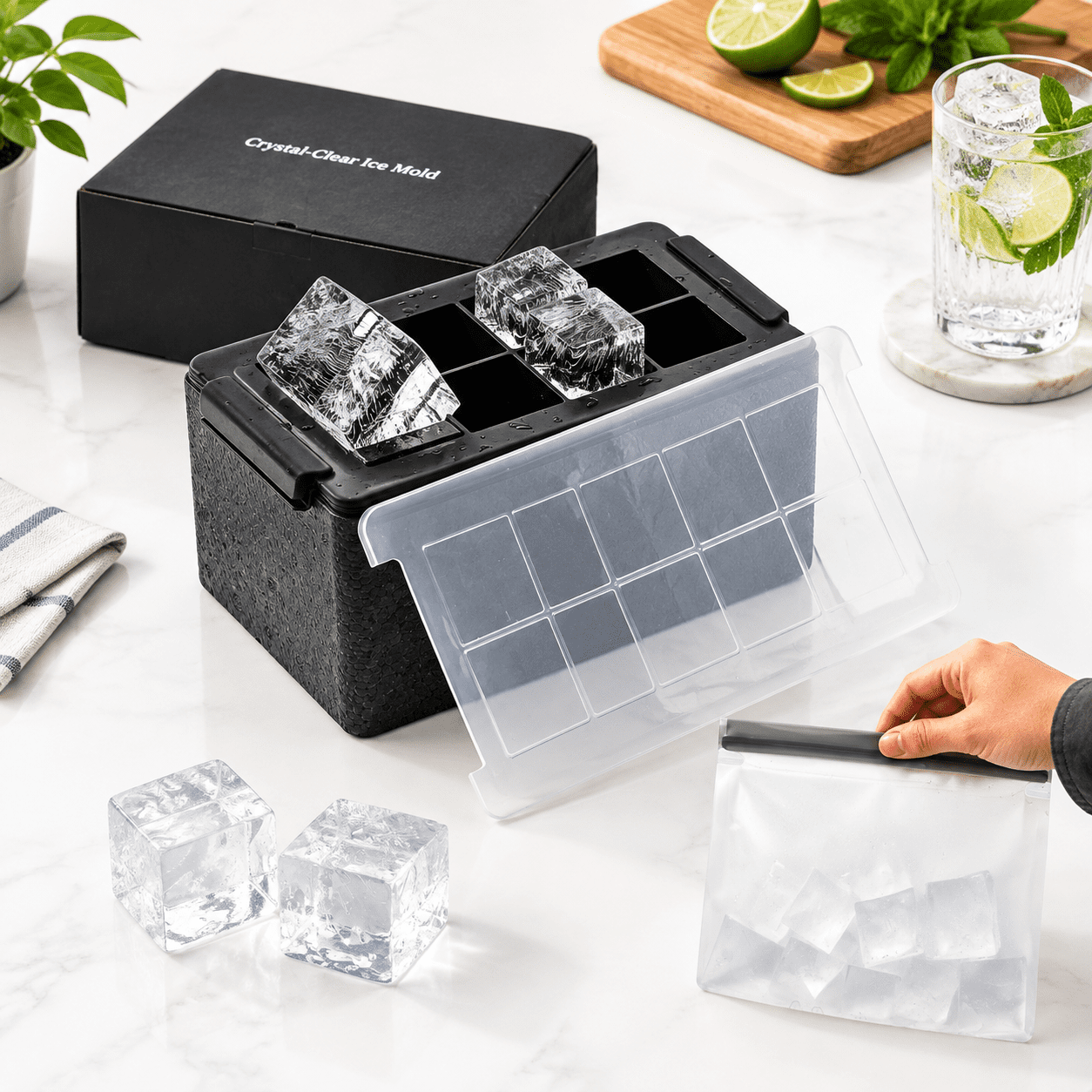 Food Grade Silicone Clear Ice Cube Maker Tray with Storage Bag ...