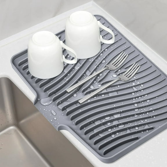 Food Grade Silicone Drainage Mat :Non-Slip and High Temperature Resistant Foldable (15.8 “x13” Gray) Built-in Drainage Channel - Countertop Protection - Multi-Purpose Mat,1PACK.