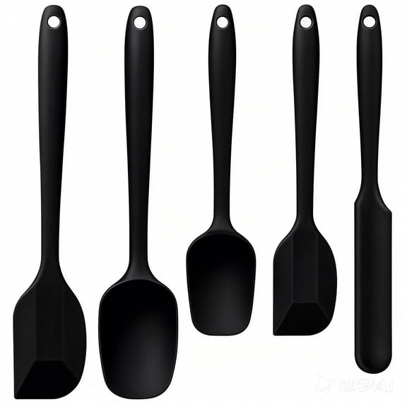 Food Grade Silicone Rubber Spatula Set, AOKIWO 5 Pcs Kithen Cooking Mixing Utensil Set, BPA-Free High Heat Resistant Non Stick Dishwasher-Black