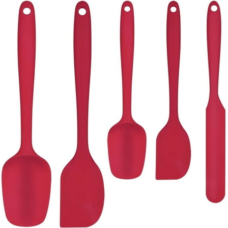 Food Grade Silicone Rubber Spatula Set, 5 Pcs BPA-Free Kitchen Cooking Baking Mixing Utensil Sets, High Heat Resistant Non Stick Dishwasher- Red