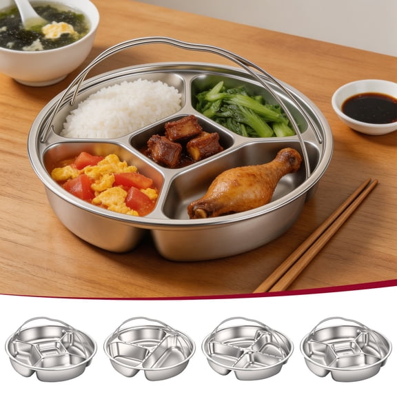 Food-Grade Stainless Steel Divided 5-Compartment Round Serving Tray, Multi-purpose Meal Divider Platter, Dishwasher Safe Design for Food Prep,Ginger Garlic Scallion Storage