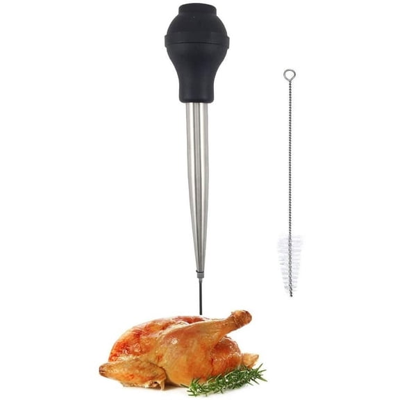 Food Grade Stainless Steel Turkey Baster with Silicone Bulb, Marinade Injector Syringe with Needle & Cleaning Brush, High Temp Resistant Easy Clean Cooking Tool