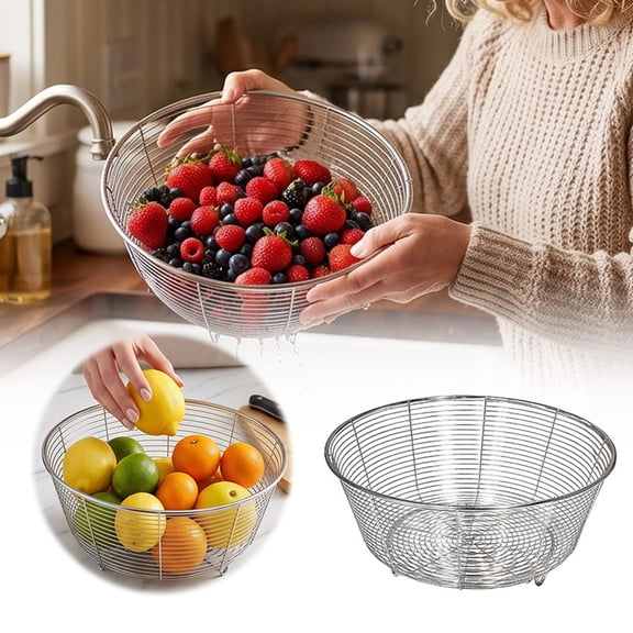 Food Grade Stainless Steel Wire Colander with Elevated Legs, Large Round Kitchen Mesh Strainer for Washing Fruits Vegetables Pasta, Quick Drain Fruit Bowl