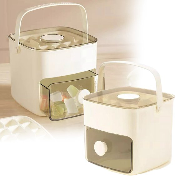 Food Grade Tray, High Capacity Ice Cube Tray for Home Refrigerators, Portable Ice Maker Storage Container for Homemade Ice Cubes, Plastic Ice Tray with Lid for Freezer Organization,Beige