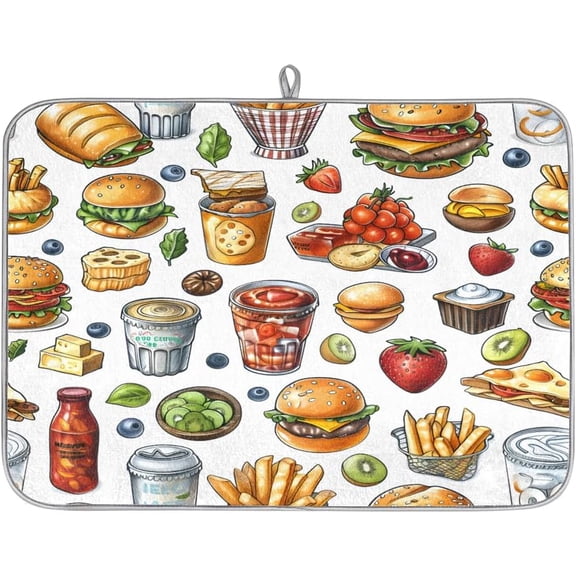 Food Hamburger Pizza Fries Dish Drying Mat for Kitchen Counter,18 X 24 in Microfiber Drying Pad Dishes Drainer Mat Dish Rack Mats Absorbent Kitchen Accessories Coffee Maker Mat, Large