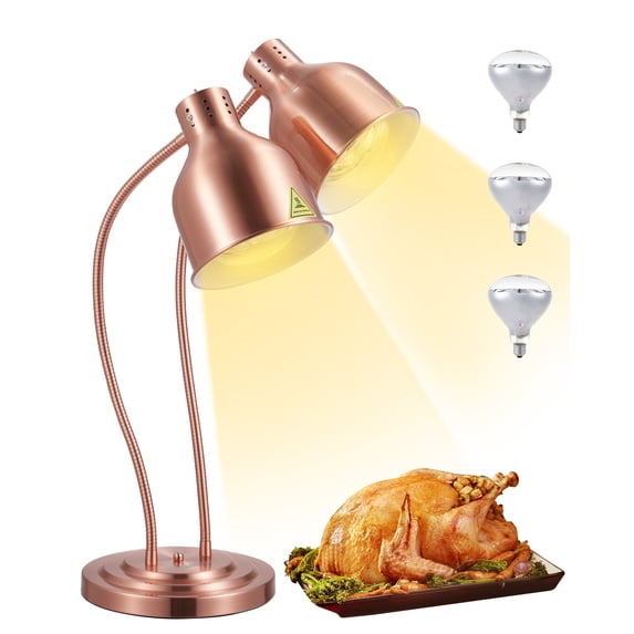 Food Heat Lamp, 2-Head Commercial Food Warmer with Rapid-Heating Bulbs & Spare Bulb Included, Stainless Steel Adjustable Electric Food Warming Lamp for Buffet Party Restaurant Catering