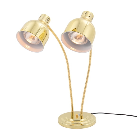 Food Heat Lamp, 500W Rapid-Heating Bulbs Included, 25.4 in Tall Commercial Food Warmer Lamp, Dual-Head Adjustable Steady Catering Warming Lamp for Buffet Parties (Gold, Round Base)