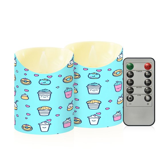 Food Icon Pattern Flameless Candles 2 PCS with Remote Realistic Moving Flame LED Tapered Pillar Set for Home Decor