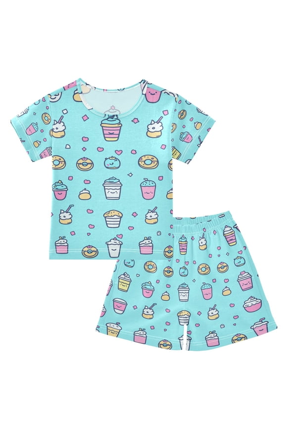 Food Icon Pattern Summer Pajama Set Soft Cotton Short Sleeve Sleepwear 2PCS Pajama Sets Breathable Lounge Set Size 5Y
