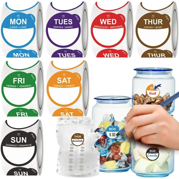 Food Labels Stickers 7 Day of The Week, Removable Day Label Peel Tab for Container Kitchen Freezer Breastmilk Restaurant Supplies Dot Week Monthly Planner Inventory Management Meal Prep Accessory