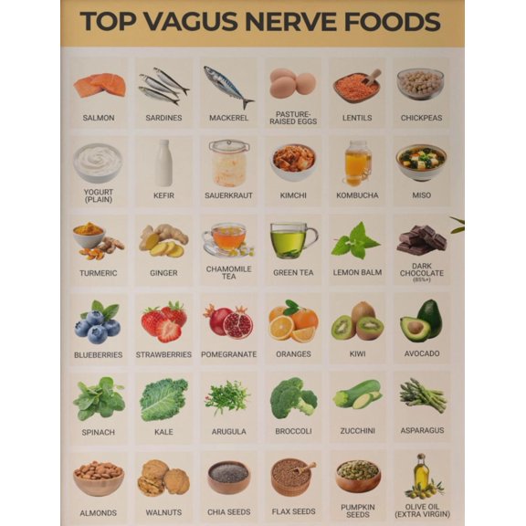 Food List Poster For Vagus Nerve, Food List, Healthy Diet Poster For Intestines, Anti-inflammatory And Stress Reducing Food Poster, Vagus Nerve Diet Poster, Vagus Nerve Food List Poster