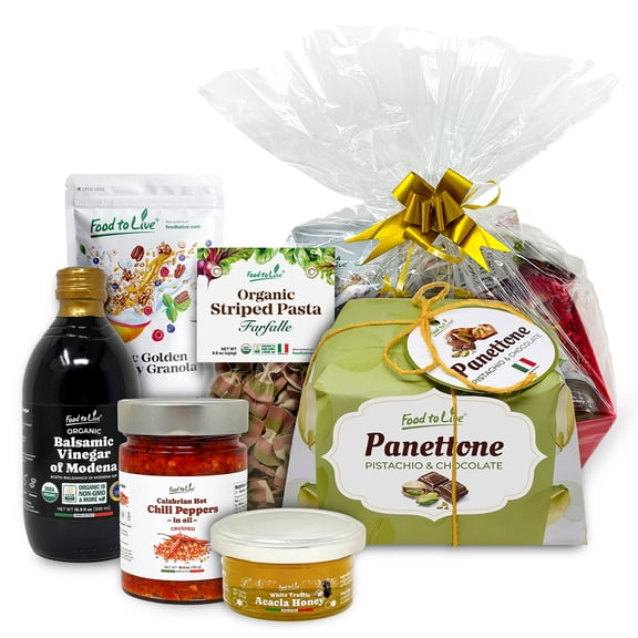 Food To Live Holiday Gift Basket Italian Pistachio and Chocolate Panettone, Organic Pasta, Organic Balsamic Vinegar, Truffle Honey, Calabrian Hot Chili Pepper and Organic Crunchy Granola