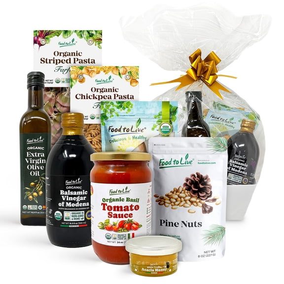Food To Live Mediterranean Gourmet Gift Basket Organic Italian Non-GMO Basil Tomato Sauce, Pasta, Balsamic Vinegar of Modena, Extra Virgin Olive Oil, Black Garlic. Truffle Honey
