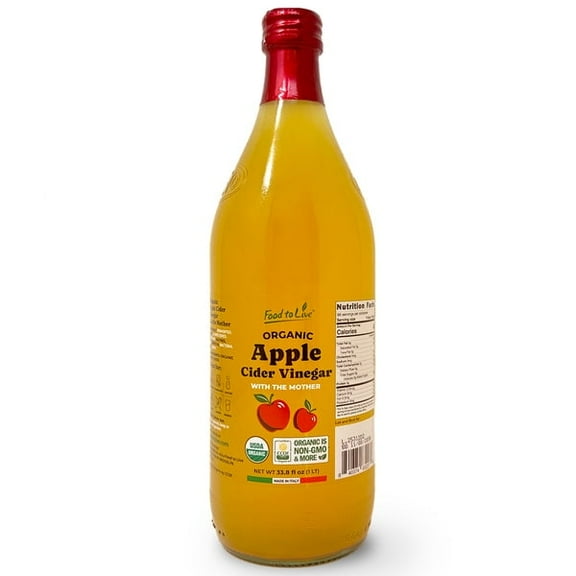 Food To Live Organic Apple Cider Vinegar, 1 L – Raw Italian Natural Vinegar with the Mother, Unfiltered, Unpasteurized, Non-GMO, Vegan, Glass Bottle (Pack of 1)
