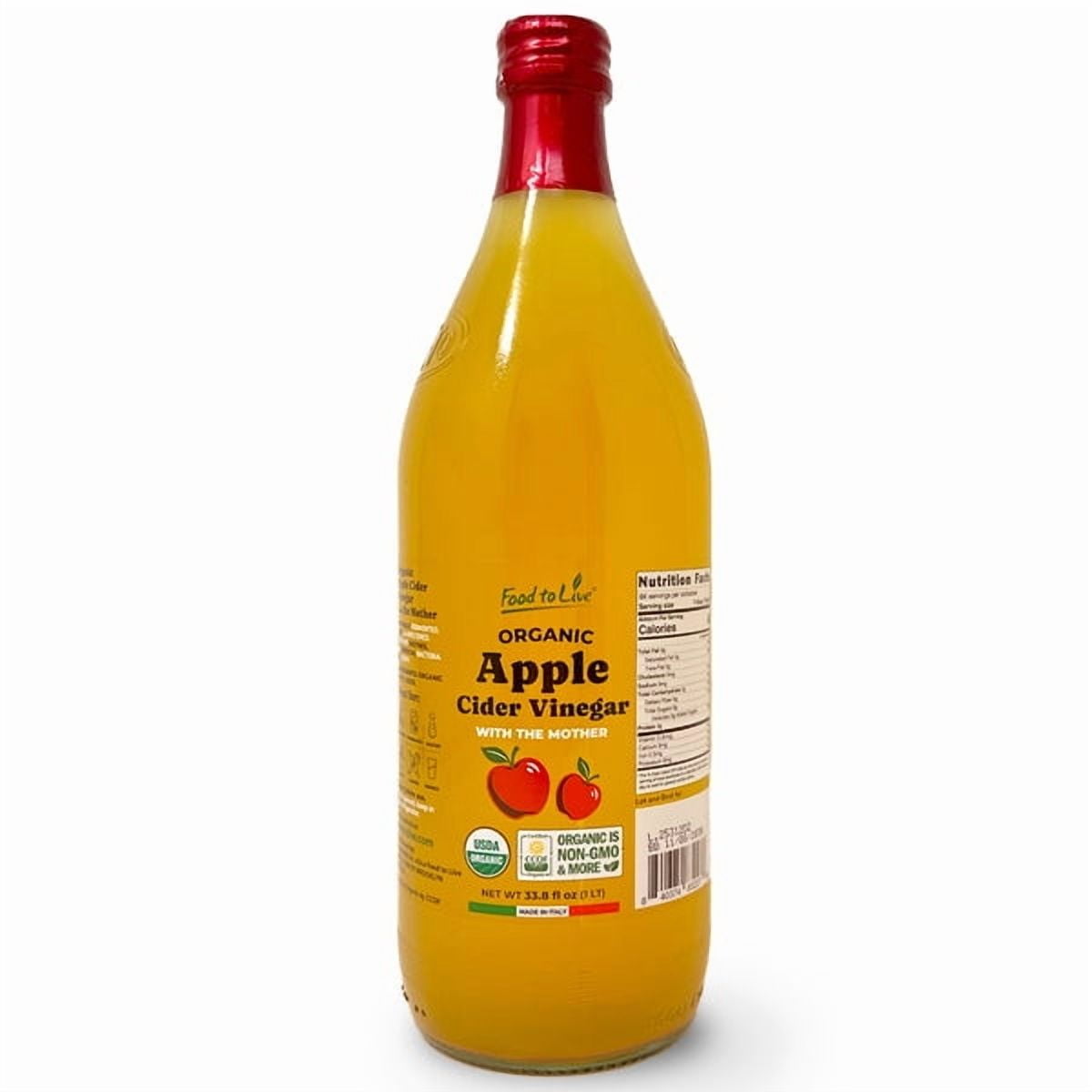 Food To Live Organic Apple Cider Vinegar, 1 L – Raw Italian Natural Vinegar with the Mother, Unfiltered, Unpasteurized, Non-GMO, Vegan, Glass Bottle (Pack of 8)
