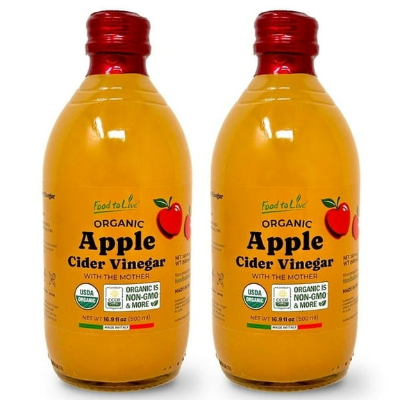 Food To Live Organic Apple Cider Vinegar, 500 ml Raw Italian Natural Vinegar with the Mother, Unfiltered, Unpasteurized, Non-GMO, Vegan, Bulk, Glass Bottle (Pack of 2)