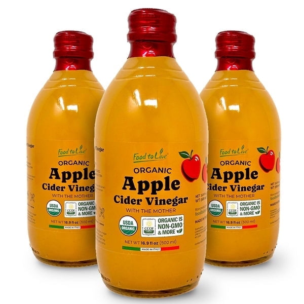 Food To Live Organic Apple Cider Vinegar, 500 ml – Raw Italian Natural Vinegar with the Mother, Unfiltered, Unpasteurized, Non-GMO, Vegan, Bulk, Glass Bottle (Pack of 3)