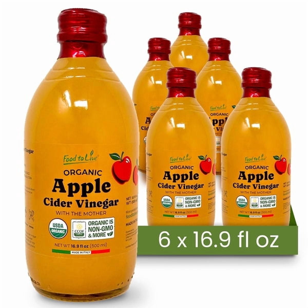 Food To Live Organic Apple Cider Vinegar, 500 ml – Raw Italian Natural Vinegar with the Mother, Unfiltered, Unpasteurized, Non-GMO, Vegan, Bulk, Glass Bottle (Pack of 6)