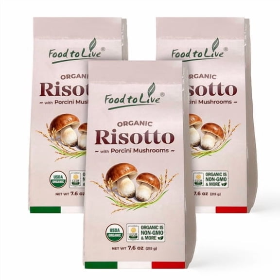 Food to Live Organic Porcini Mushroom Risotto, 7.6 oz (215 g) Authentic Italian Rice Dish, Ready-to-Cook Gourmet Mushroom Risotto, Vegan, Non-GMO, Easy Meal (Pack of 3)
