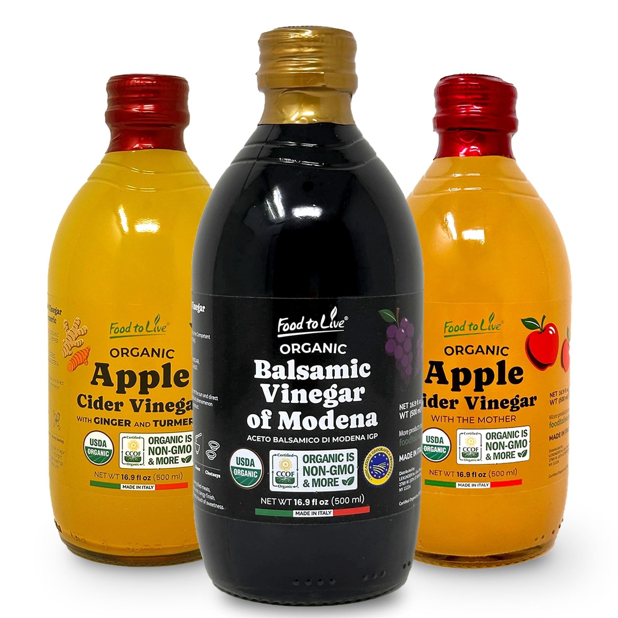 Food To Live Organic Vinegar Bundle, Set of 3 – Italian Balsamic Vinegar of Modena, Apple Cider Vinegar with Ginger and Turmeric, Apple Cider Vinegar with the Mother, Non-GMO, Vegan