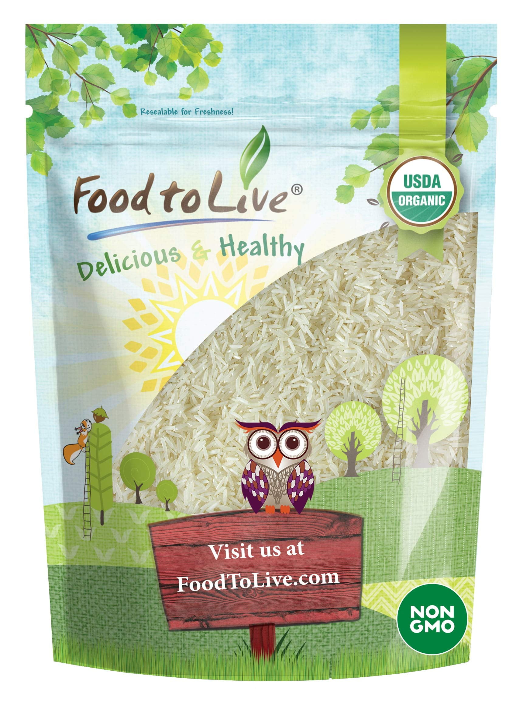 Food to LiveUMRTOrganic White Basmati Rice, 3 Pounds - Long-Grain Rice Variety, Fragrant, Kosher, Vegan, Bulk. Non-Irradiated. Less Starch. High in Dietary Fiber. Great for Indian Dishes.