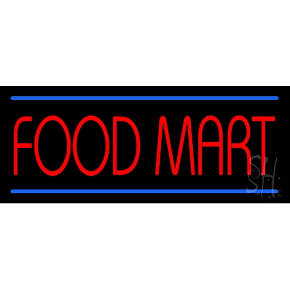 Food Mart LED Neon Sign 10 x 24 - inches, Clear Edge Cut Acrylic Backing, with Dimmer - Bright and Premium built indoor LED Neon Sign for restaurant window and interior decor.