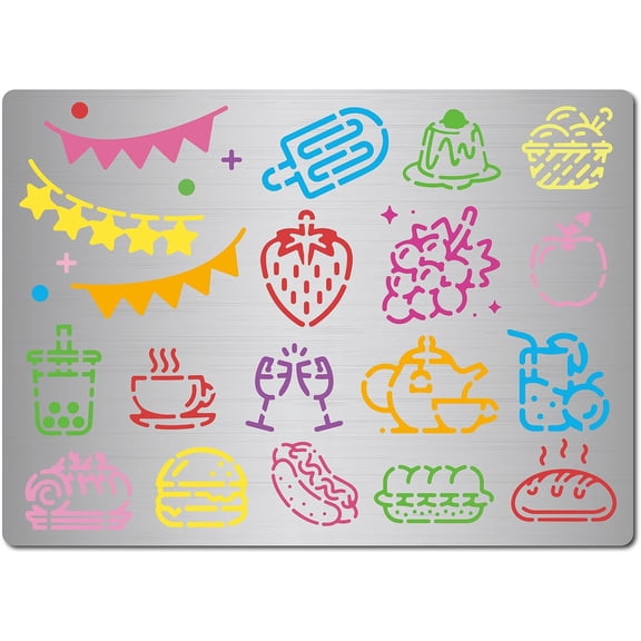 Food Metal Stencils Fruit Bake Coffee Cake Hamburger Juice Decorating Painting Square Embossing Stainless Steel Dessert Template for DIY