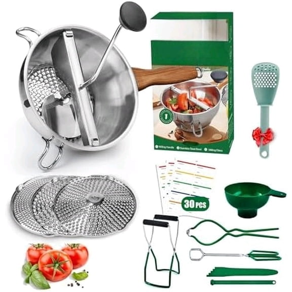 Food Mill Stainless Steel With 3 Grinding Discs and Complete Canning Supplies Starter Kit of 8-Includes Tongs, Jar Lifter, Wrench, Lid Lifter, measurer,Funnel,Labels,Multifunctional Spoon(MW-BL-GR)