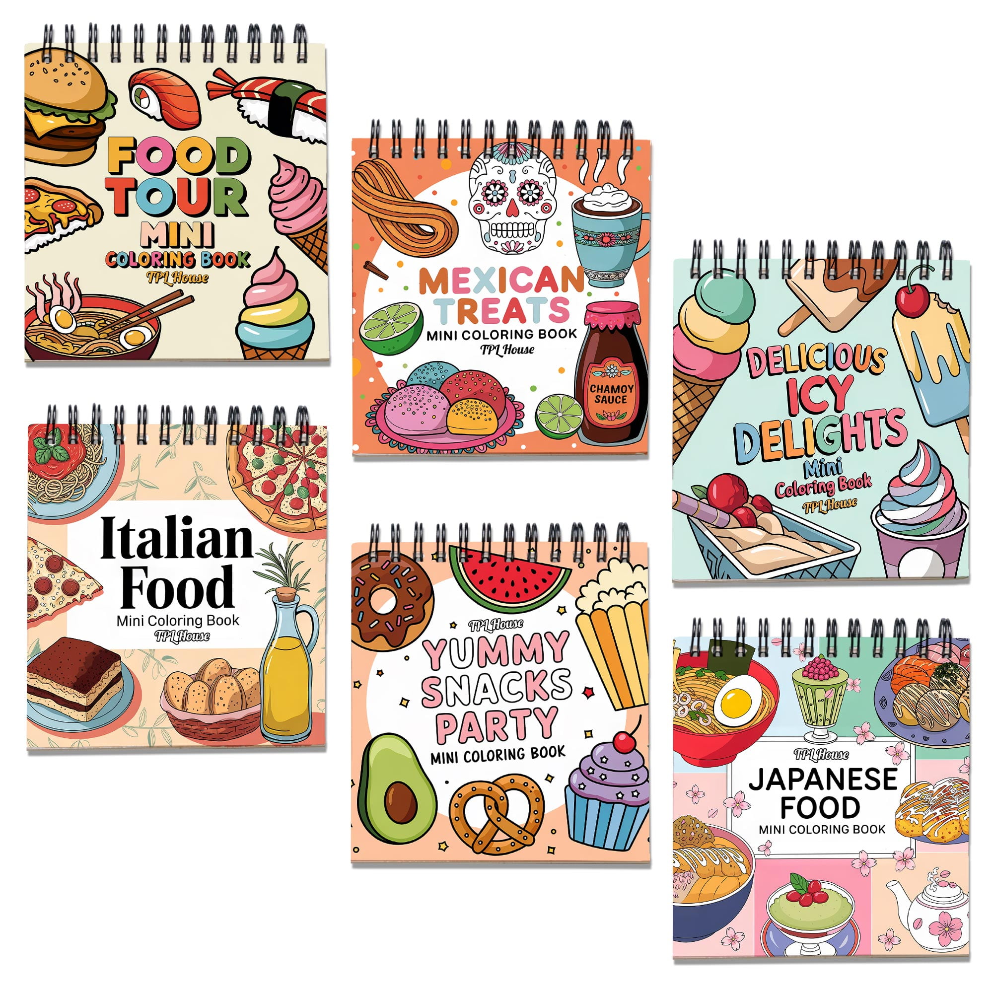 Food Mini Coloring Book Spiral Bound for Adult, Pack 6, 3.5” x 3.5” Pocket Size, 40 Coloring Pages Stress & Anxiety Relief, Travel for Women Men