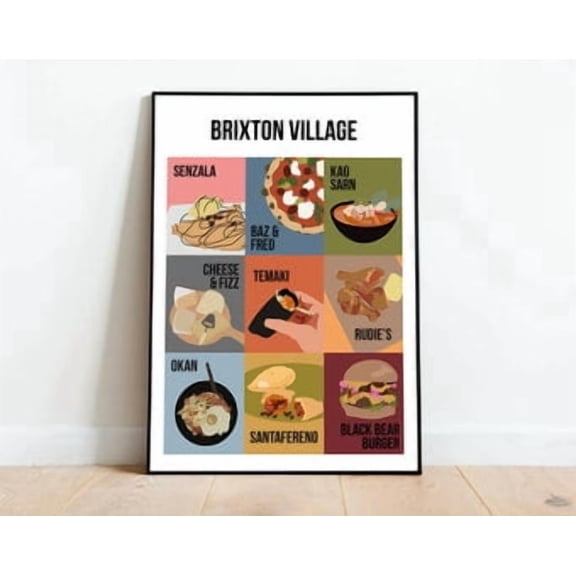 Food Of Brixton Village Restaurants Bars Cafes Illustration For South London Food Lovers Lambeth Sw2 Sw9 Print Poster, Poster Only