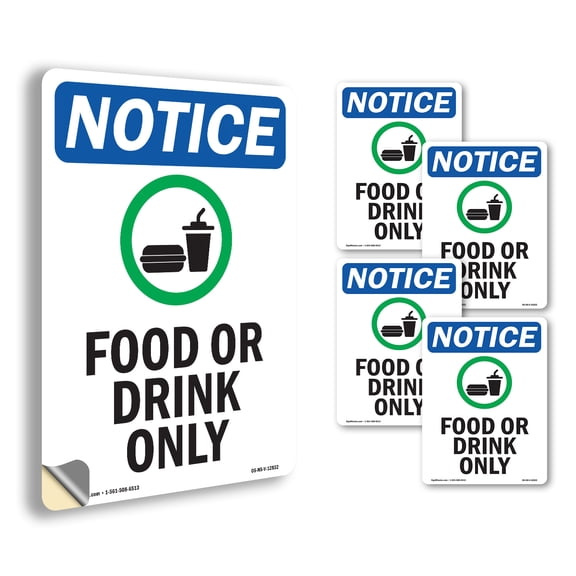 Food Or Drink Only With Symbol OSHA Notice Vinyl Decal Label 5 Inch x 3.5 Inch - 5 Pack