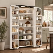 Food Pantry Storage Cabinet with Led Light, 71" Tall Farmhouse Kitchen Pantry Cabinet with Adjustable Shelves