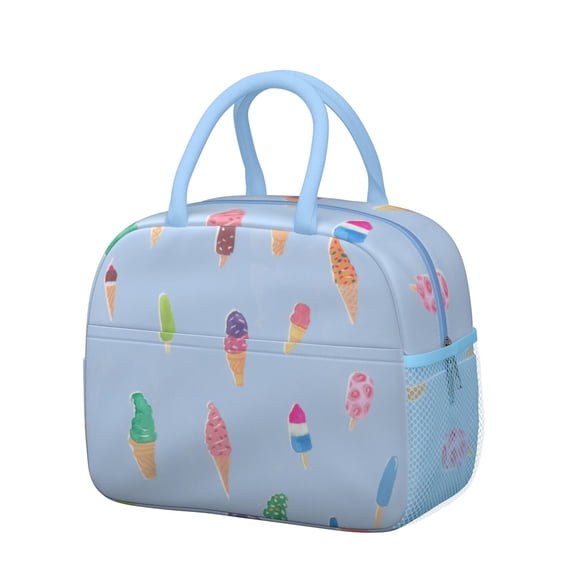 Food Pattern Reusable Lunch Box - Waterproof & Durable Insulated Lunch Tote for Ice Cream, Sweet Treats, Splash-Proof & Outer Pocket for Daily Use