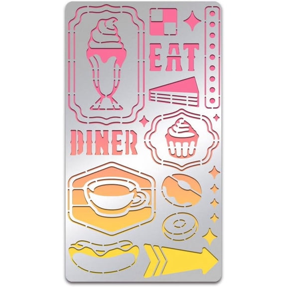 Food Pattern Stainless Steel Metal Stencils 7x4inch Ice Cream Doughnuts Cupcakes Pattern Painting Template Journal Tool for Wood Burning Pyrography Engraving DIY Craft Silver