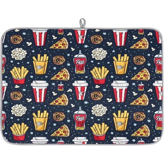 Food Pizza Fries Dish Drying Mat for Kitchen Counter,16 X 18 in Microfiber Drying Pad Dishes Drainer Mat Dish Rack Mats Absorbent Kitchen Accessories Coffee Maker Mat, Medium