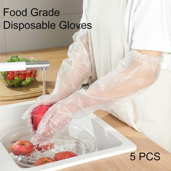 Food Prep Gloves, 5 PCS Extra Long Clear Disposable Clear Plastic Gloves for Cleaning, Cooking, Hair Coloring, Restaurants, Dish Washing Full Size Polyethylene Heavy Duty, Food Prep Gloves