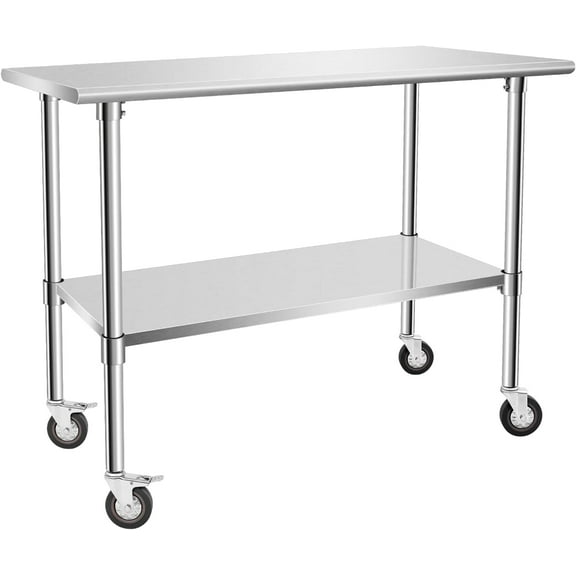 Food Prep Stainless Steel Table with Wheels, Heavy Duty Food Prep Table with Adjustable Undershelf for Restaurant, Hotel and Home, Durable Metal Work Table, Sliver