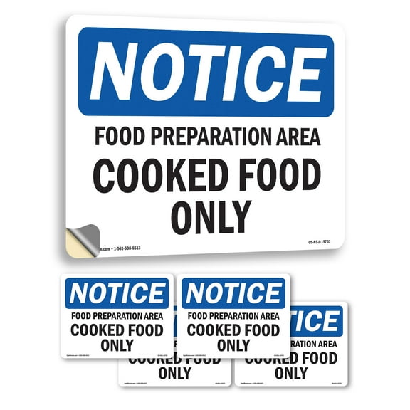Food Preparation Area Cooked Food Only OSHA Notice Vinyl Decal Label 5 Inch x 3.5 Inch - 5 Pack