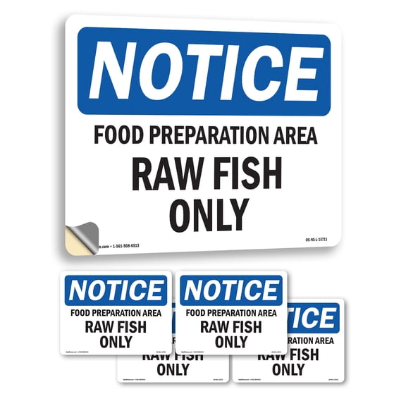 Food Preparation Area Raw Fish Only OSHA Notice Vinyl Decal Label 5 Inch x 3.5 Inch - 5 Pack